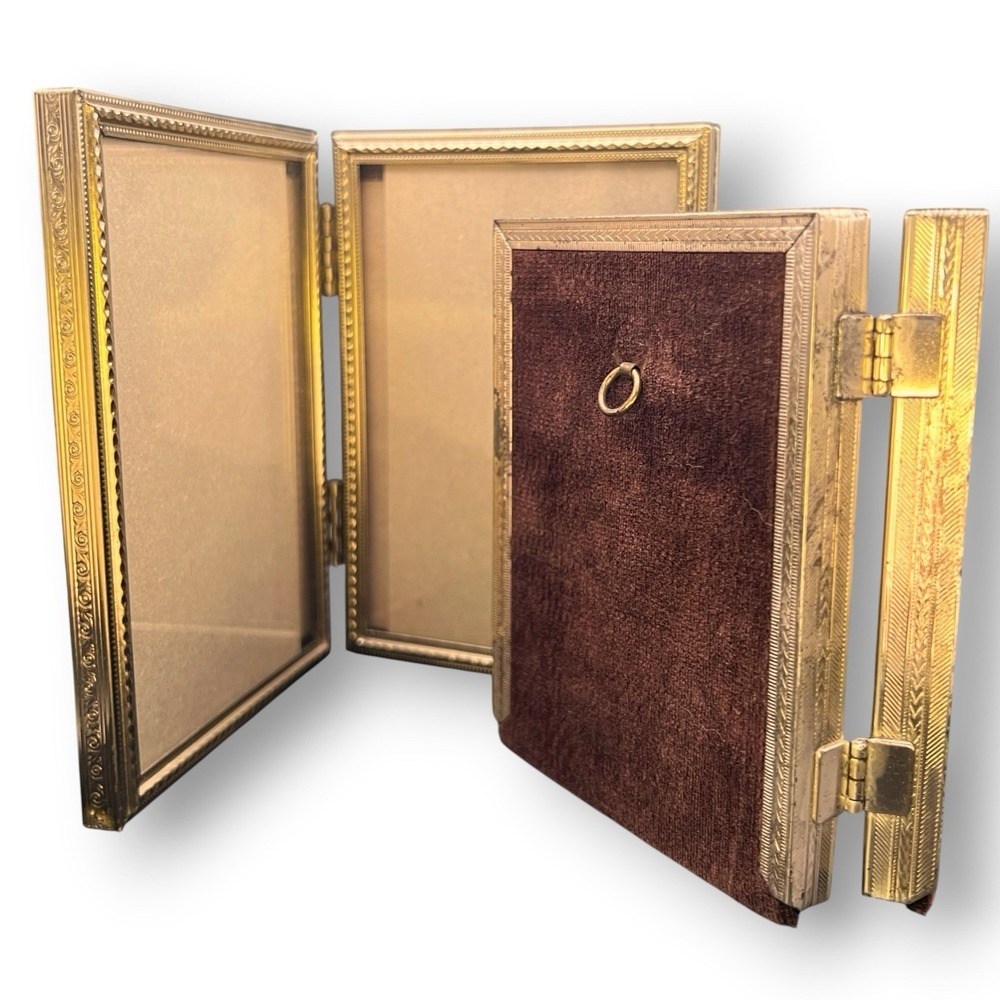 Vintage Brass Double Hinged Picture Frames Lot 4x3 & 4.5x3 Gold Glass Folding